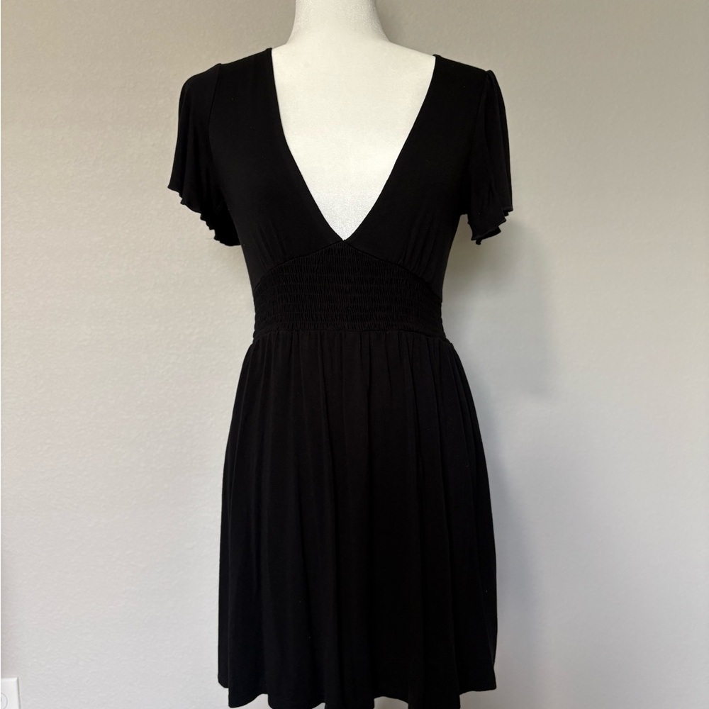Forever 21 Black V-Neck Smocked Waist Mini Dress